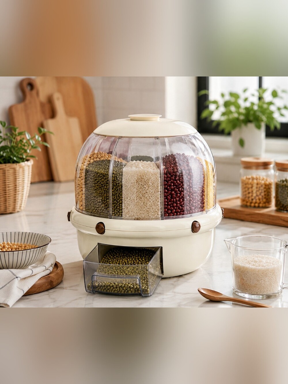 360° Rotating Grain Storage Container 6 Compartment Rice Bean Dry Food Dispenser